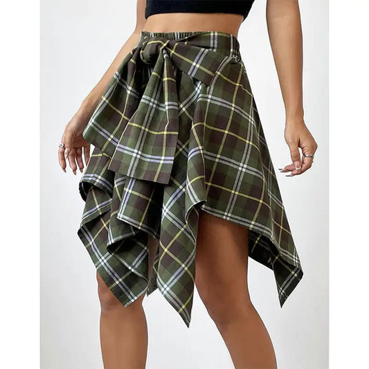 High Waist Irregular Plaid Skirt for Women