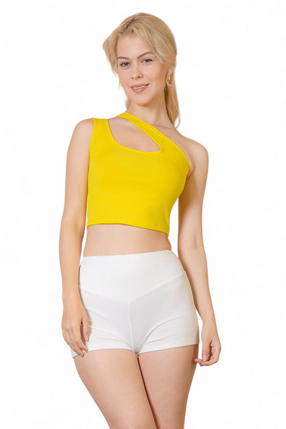 Ribbed One Shoulder Cross Strap Crop Top {BT3502}