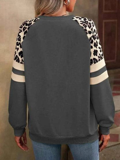 Leopard Round Neck Raglan Sleeve Sweatshirt