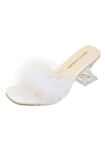 Fluffy Strap Block Heel Sandals