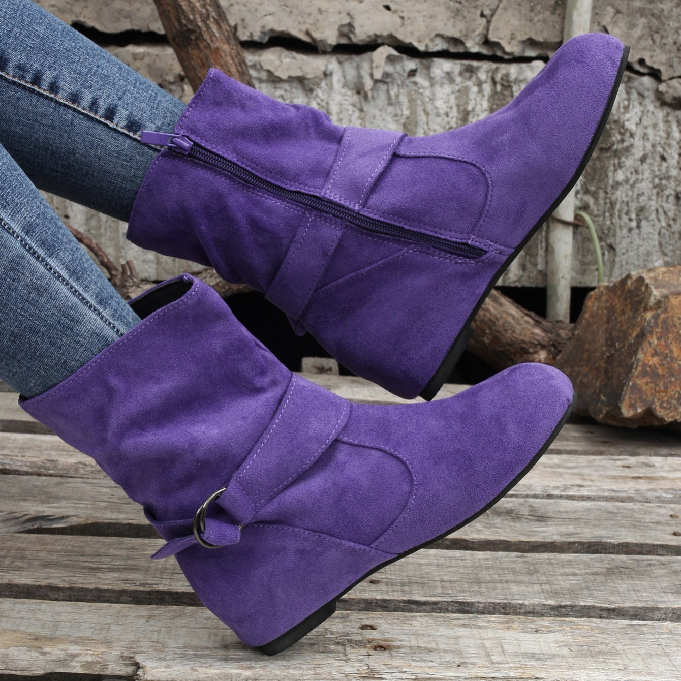 踝靴 圓頭 扣環 皮帶 側邊拉鍊靴