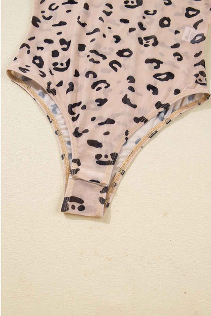 Khaki Mock Neck Sheer Mesh Leopard Long Sleeve Bodysuit