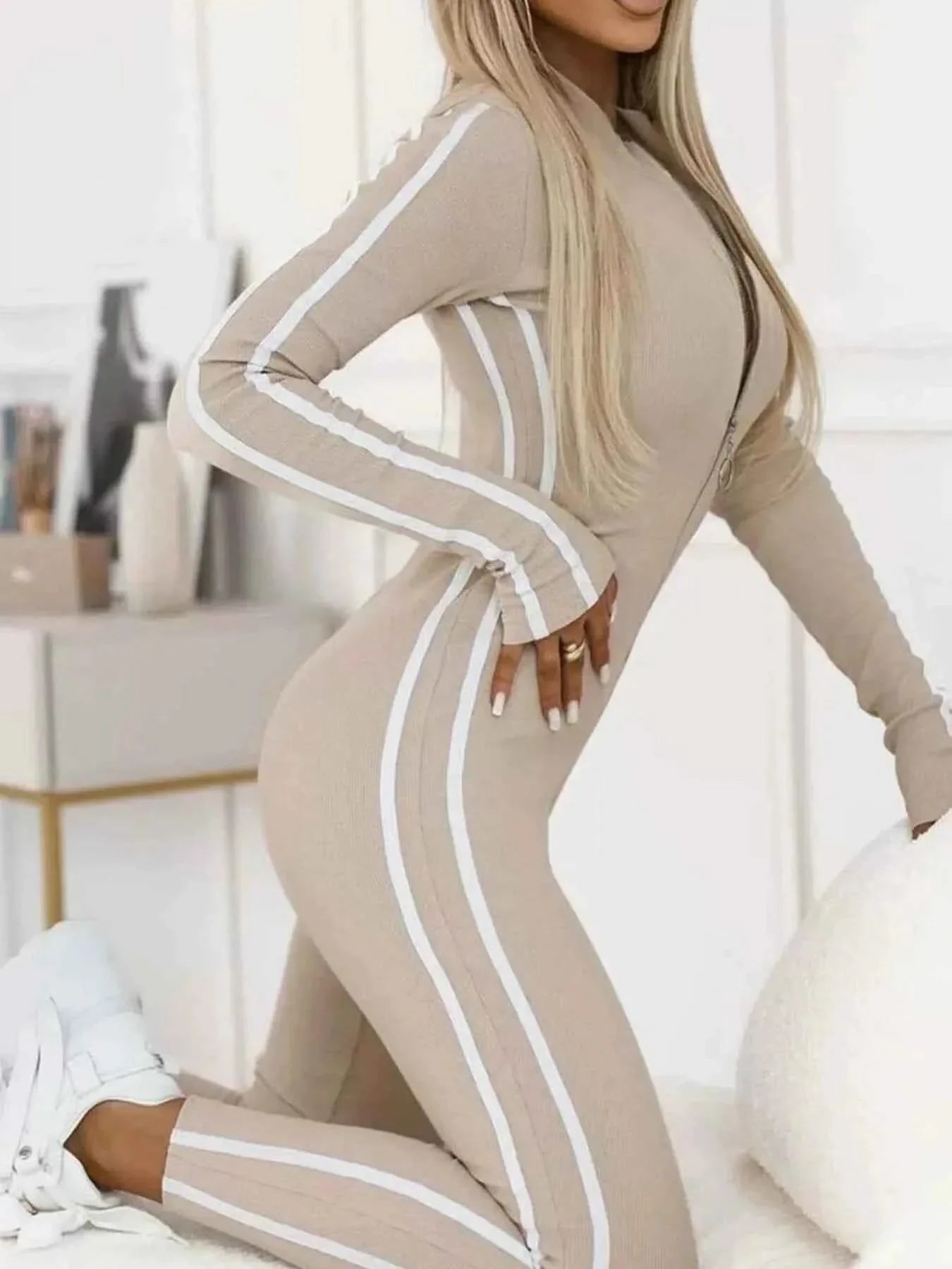 Full Size Stripe Zip-Front : Long Sleeve Jumpsuit Plus Size