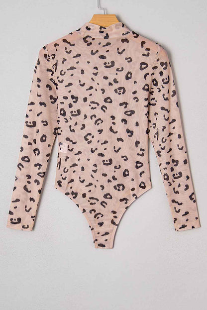 Khaki Mock Neck Sheer Mesh Leopard Long Sleeve Bodysuit