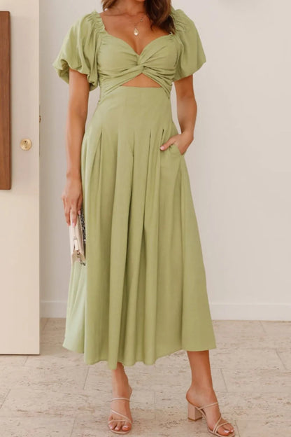 甜美寧靜泡泡袖中長連身裙