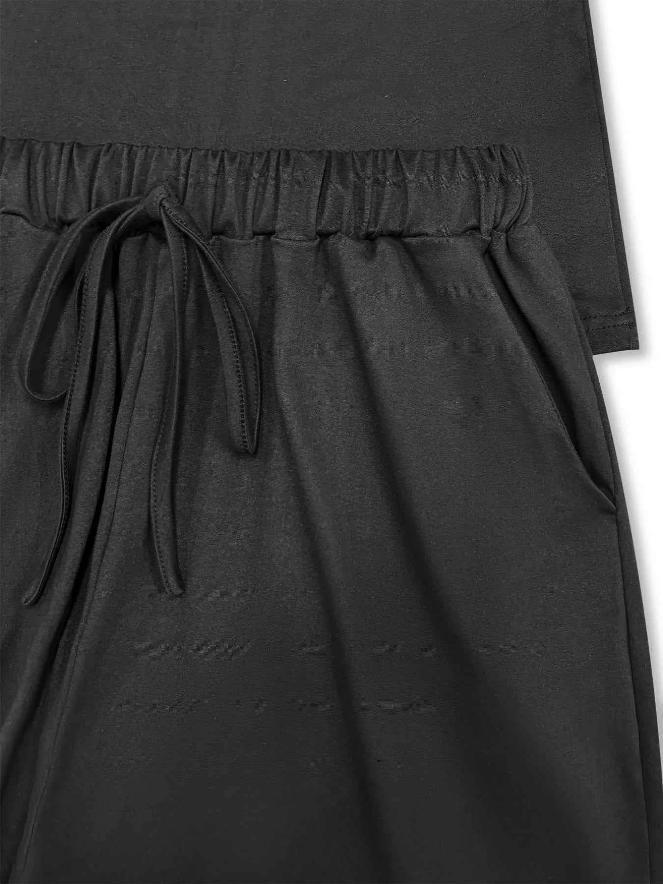 Casual Solid Color Top and Drawstring Shorts Two-Piece Set