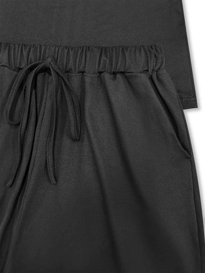 Casual Solid Color Top and Drawstring Shorts Two-Piece Set