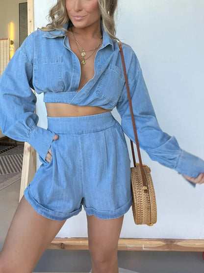 Long Sleeve Top and Shorts Denim Set Plus Size for women
