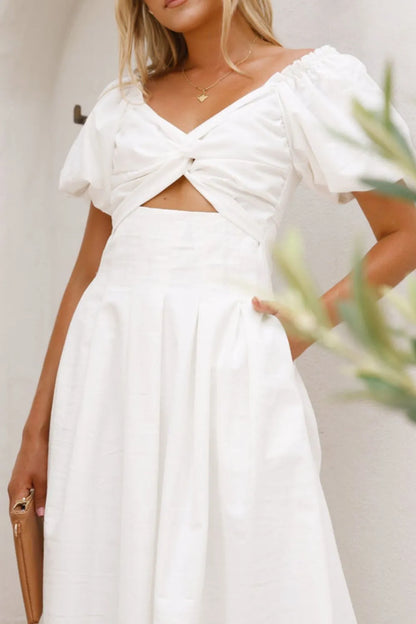 甜美寧靜泡泡袖中長連身裙