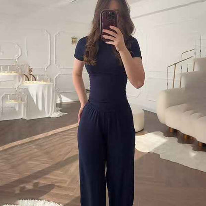 Fashionable Style Round Neck Solid Color Wide Leg Pants Elegant Commute Fashion Set