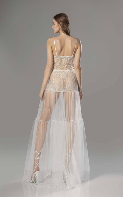 Luxury Sheer Lace Tulle Long Robe with Puff Sleeves | Bridal Boudoir Getting Ready Gown