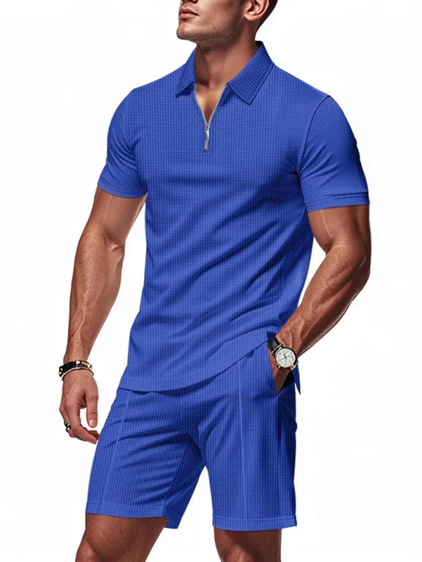Men's Plus Size Quarter Zip Short Sleeve Top and Shorts Set