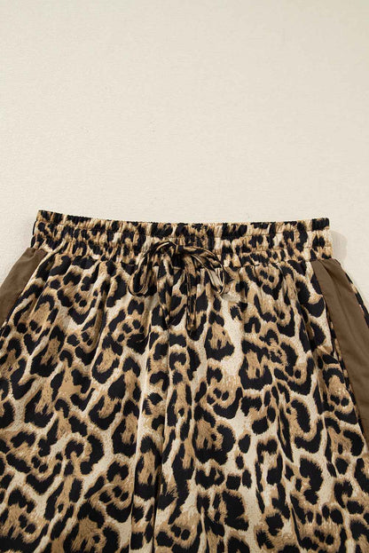 Brown Leopard Collared 3/4 Sleeve Shirt and Loose Pants Two Piece Outfit Set