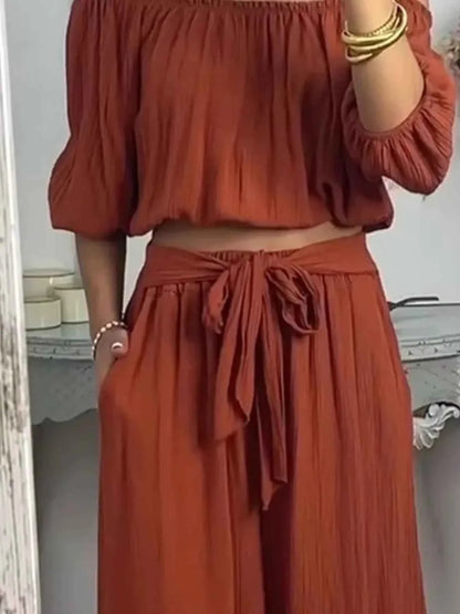 Full Size Off-Shoulder Top and Pants Set Plus Size