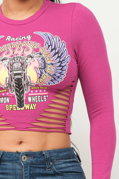 棉氨綸圓領正面絲網印花雷射切割細節長袖露臍上衣