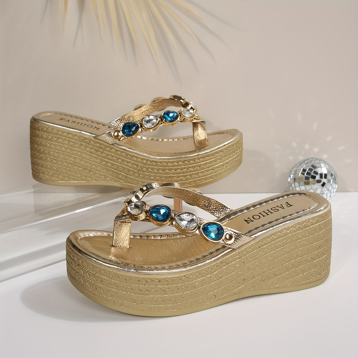 The Wedge-Heeled Flip-Flops with Rhinestones Are Eye-Catching And Glamorous.
