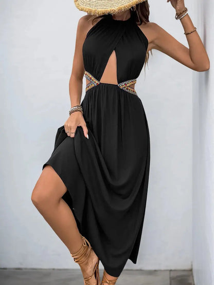 Perfee Cutout Grecian Neck Tied Back Dress