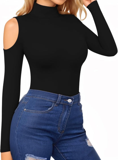 HERLOLLYCHIPS Mock Neck Tops for Women Cold Shoulder Long Sleeve Ribbed Knit Tight Stretchy Sexy Dressy Casual T-Shirts