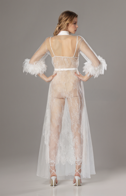 奢華白色火雞羽毛蕾絲薄紗睡袍套裝 | 新娘準備禮服