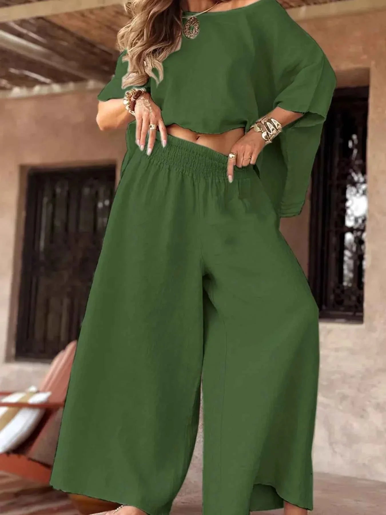 Full Size Boat Neck Top and Wide Leg Pants Set Plus Size