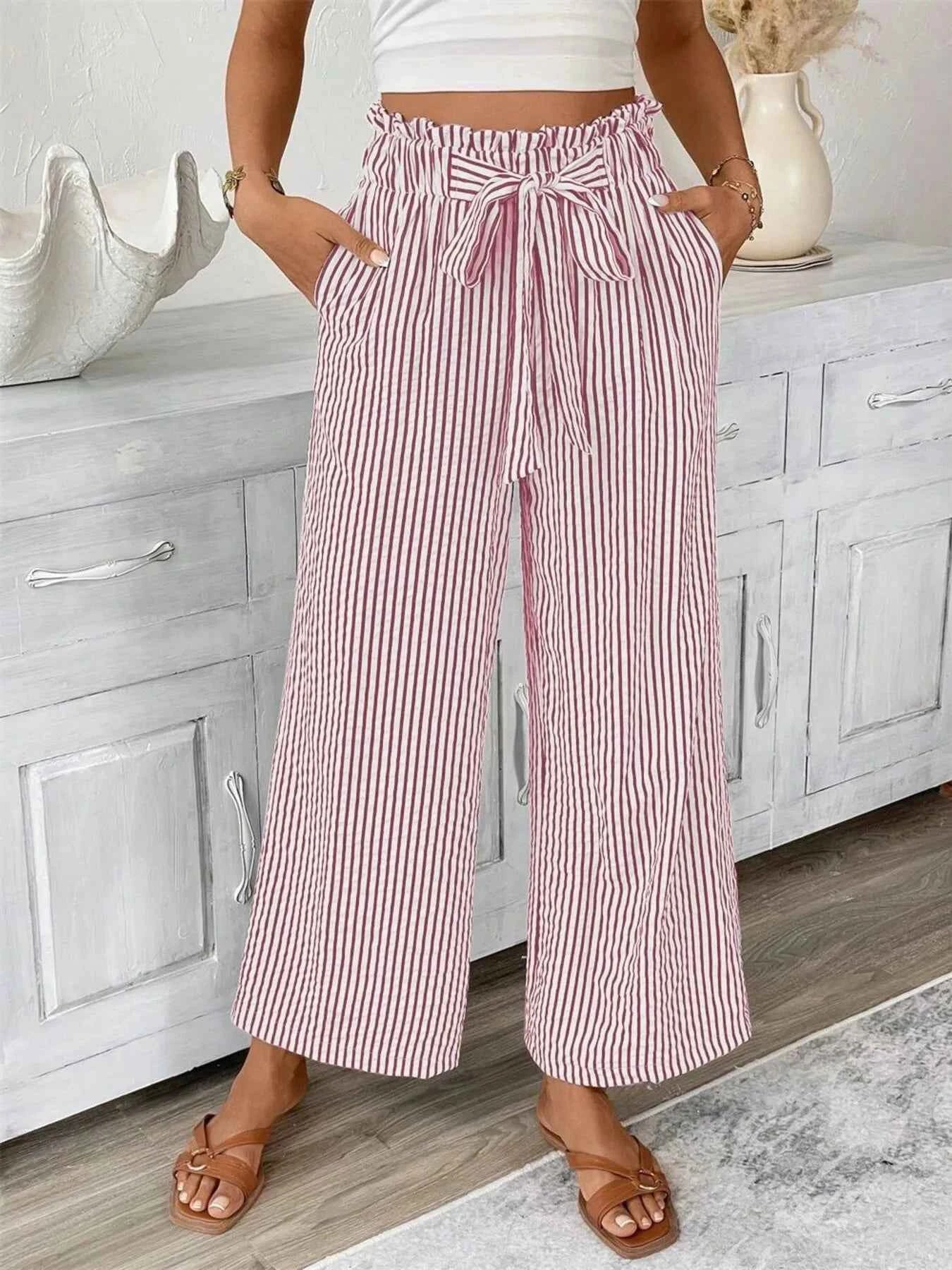 Full Size Striped Wide Leg Paper Bag Pants Plus Size