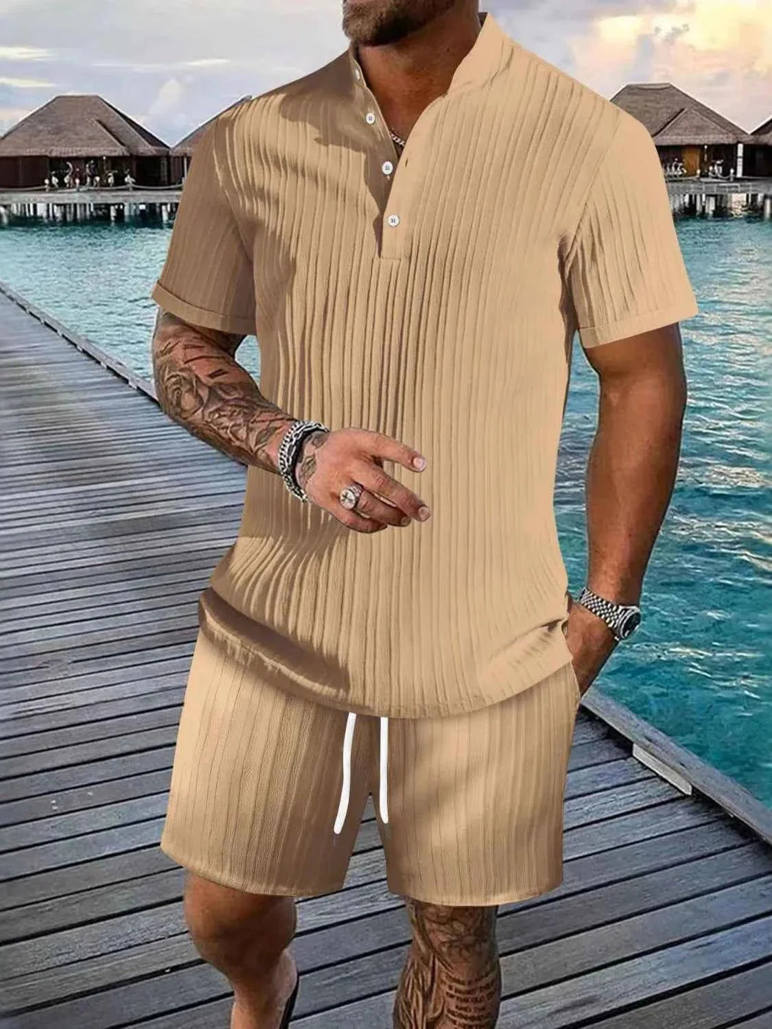 Men's Plus Size Short Sleeve Shirt and Shorts Set - Two Piece Summer Outfit