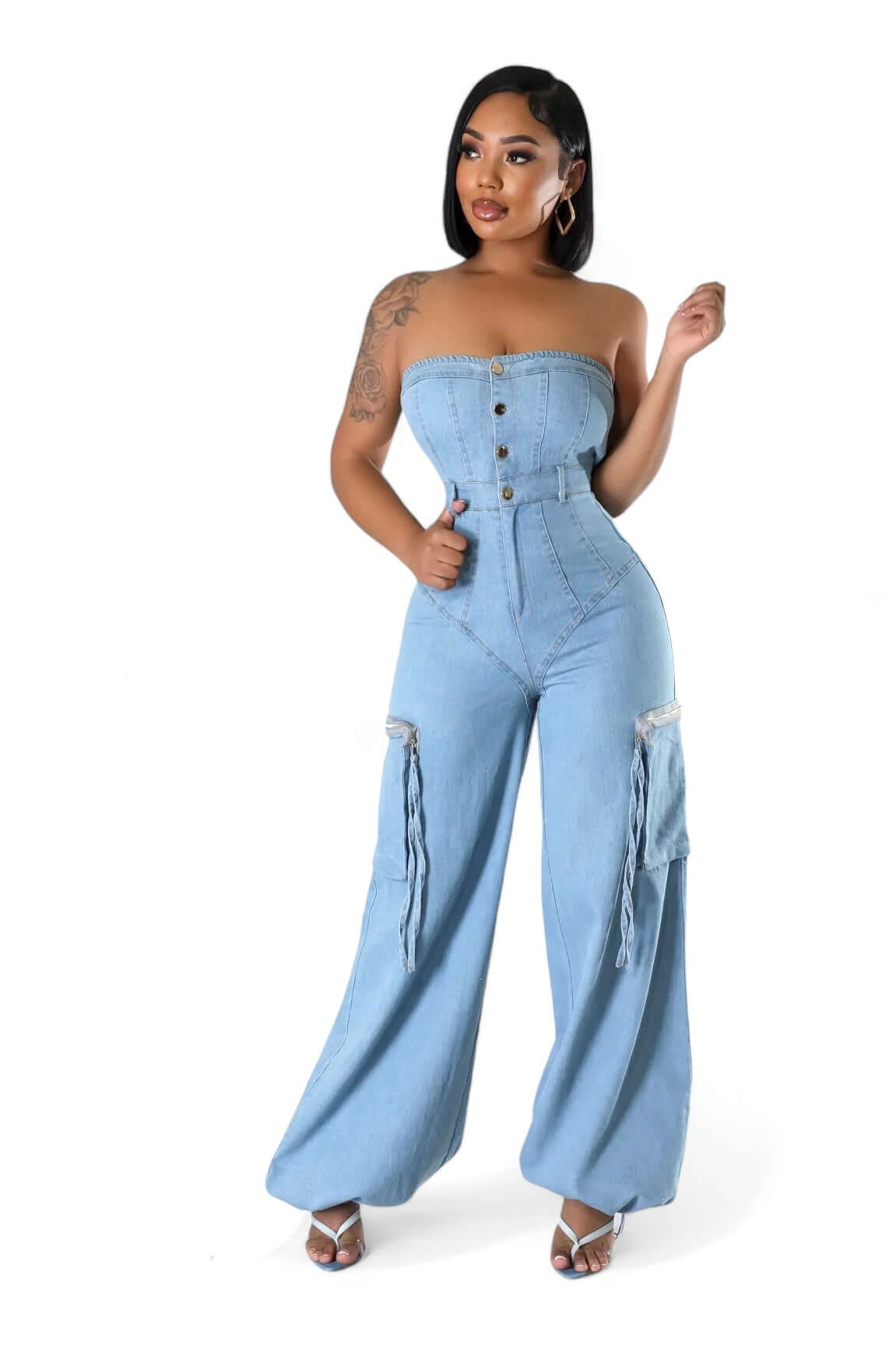 Denim Jean Sleeveless Cargo Jumpsuit