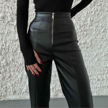 Casual straight leg PU wide leg leather pants