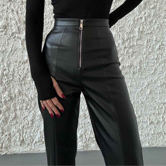 Casual straight leg PU wide leg leather pants
