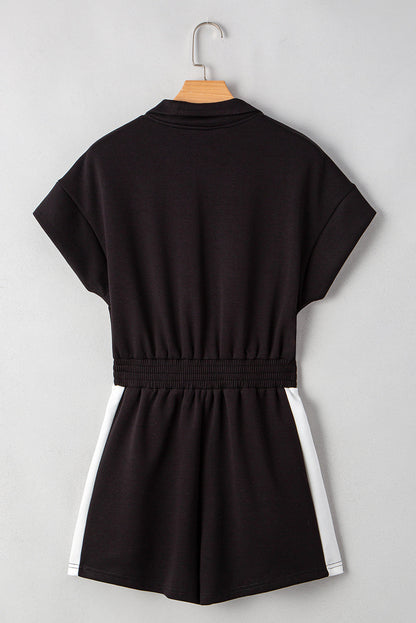 Black Contrast Collar Patchwork Zip Front Romper
