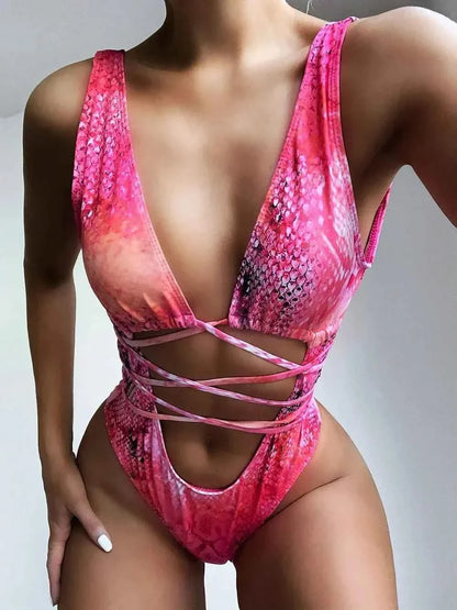 Lace-Up Backless : One-Piece Swimwear
