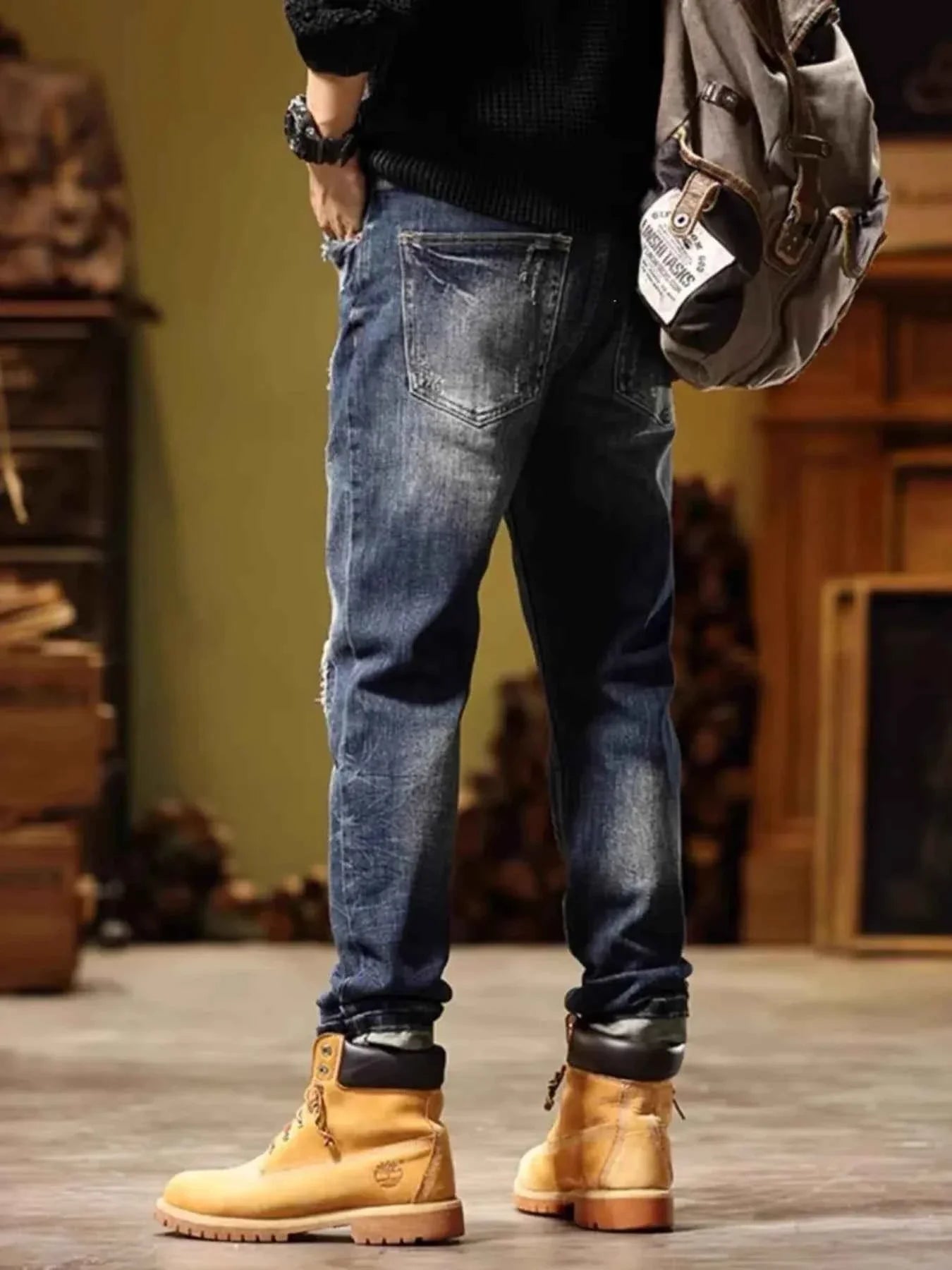 Men's Full Size Distressed Wash Slim Fit Jeans Plus Size