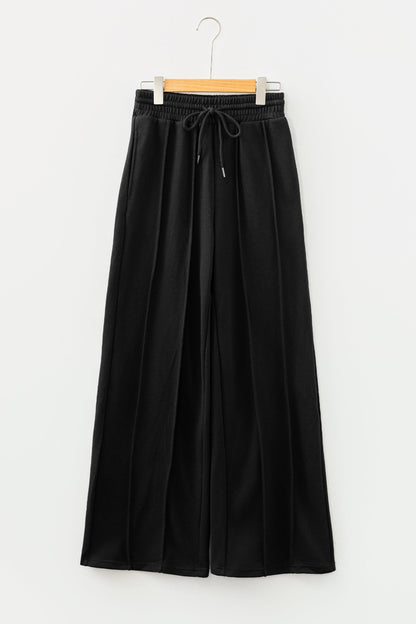 Black Seamed Drawstring High Waist Wide Leg Sweatpants