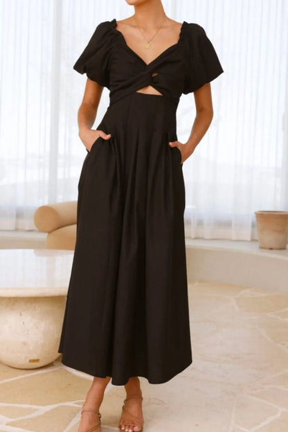 甜美寧靜泡泡袖中長連身裙