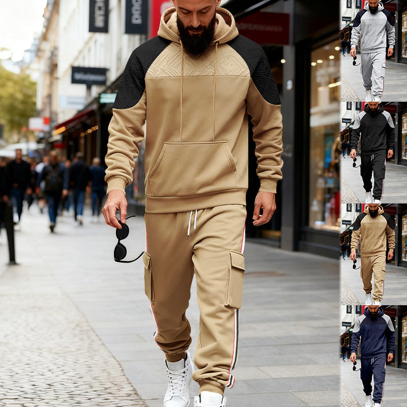 Conjunto casual de sudadera con capucha y pantalones deportivos con textura de bloques de color sueltos