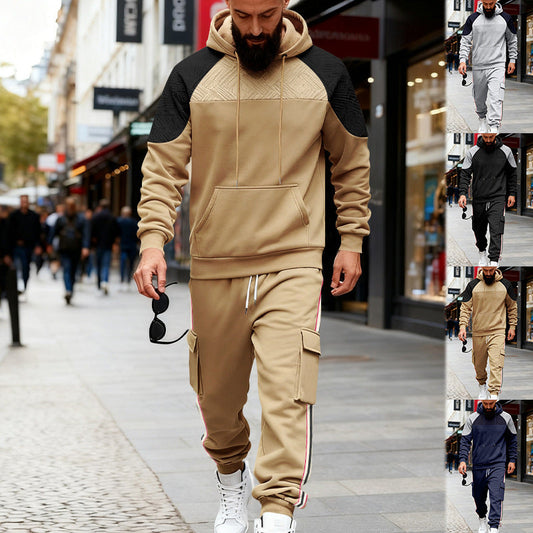 Loose Color-block Textured Hoodie And Sweatpants Casual Set