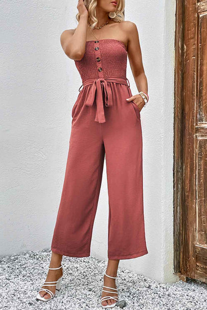 Perfee Decorative Button : Strapless Smocked Jumpsuit with Pockets