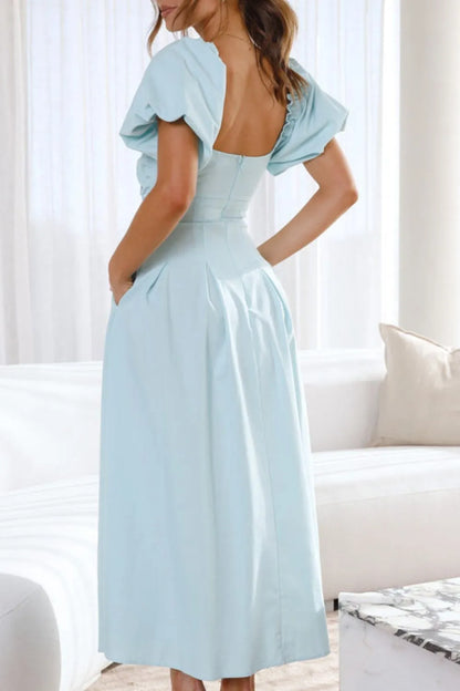 甜美寧靜泡泡袖中長連身裙