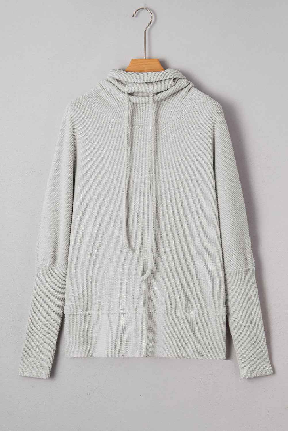 Light Grey Textured Knit Drawstring Cowl Neck Oversize Top with Side Slits