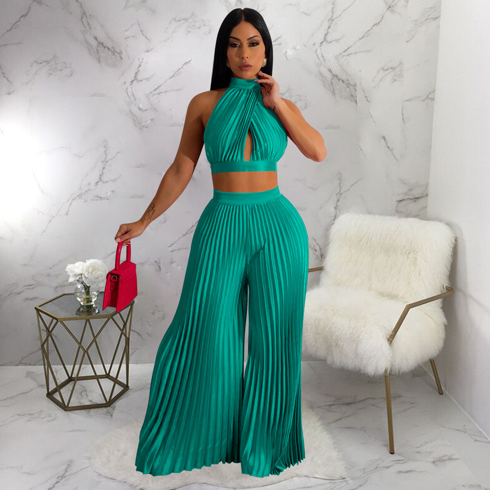 Women Clothing Halter Backless Artificial Silk Pleated Wide Leg Pants Two Piece Set