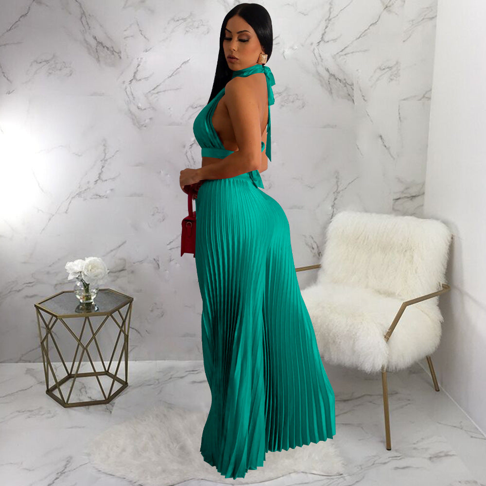 Women Clothing Halter Backless Artificial Silk Pleated Wide Leg Pants Two Piece Set