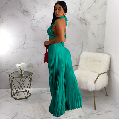 Women Clothing Halter Backless Artificial Silk Pleated Wide Leg Pants Two Piece Set