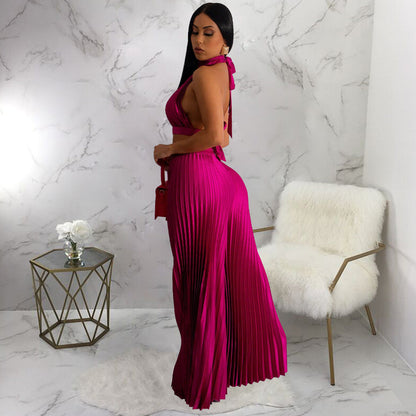 Women Clothing Halter Backless Artificial Silk Pleated Wide Leg Pants Two Piece Set