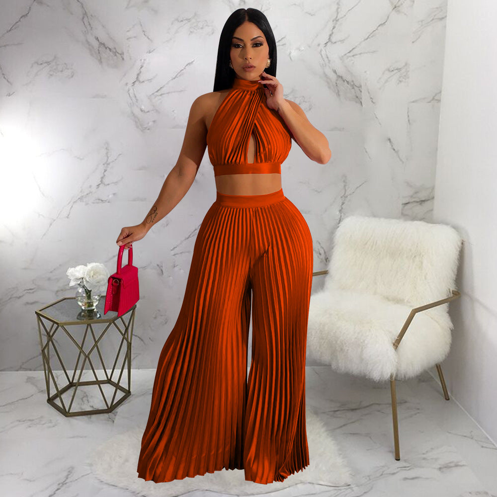 Women Clothing Halter Backless Artificial Silk Pleated Wide Leg Pants Two Piece Set