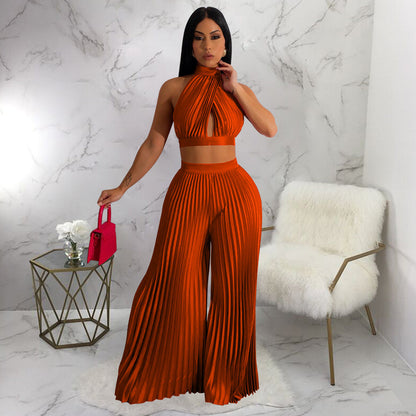 Women Clothing Halter Backless Artificial Silk Pleated Wide Leg Pants Two Piece Set