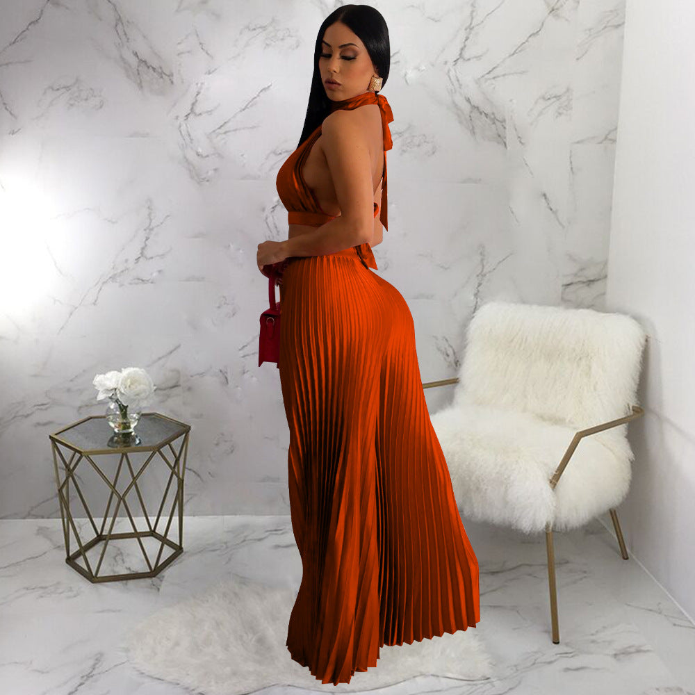 Women Clothing Halter Backless Artificial Silk Pleated Wide Leg Pants Two Piece Set