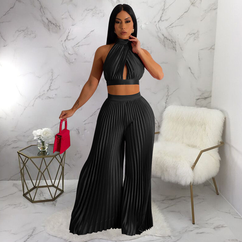 Women Clothing Halter Backless Artificial Silk Pleated Wide Leg Pants Two Piece Set