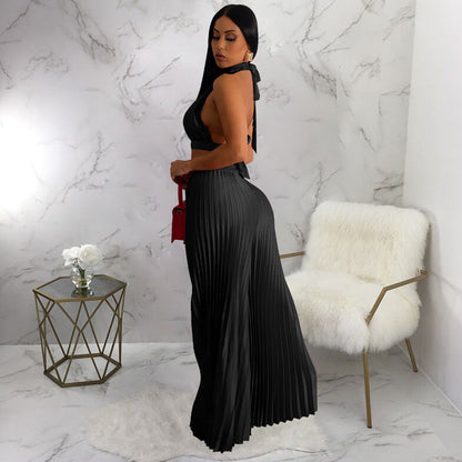 Women Clothing Halter Backless Artificial Silk Pleated Wide Leg Pants Two Piece Set
