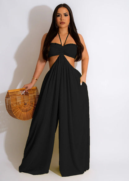 Women Clothing Spring Summer Solid Color Sexy Loose Backless Jumpsuit