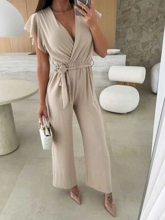 Surplice Wide Leg Belted Jumpsuit